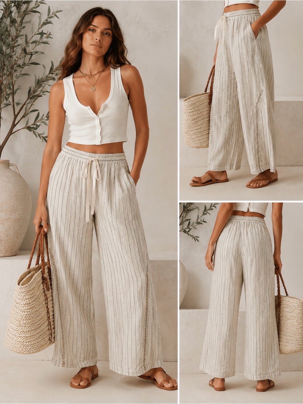 Free People Coastal Linen blend Stripe Wide Leg Pants Ladder Trim Resort Boho S